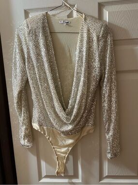 Fashion Nova Ivory Sequin Draped V-Neck Bodysuit